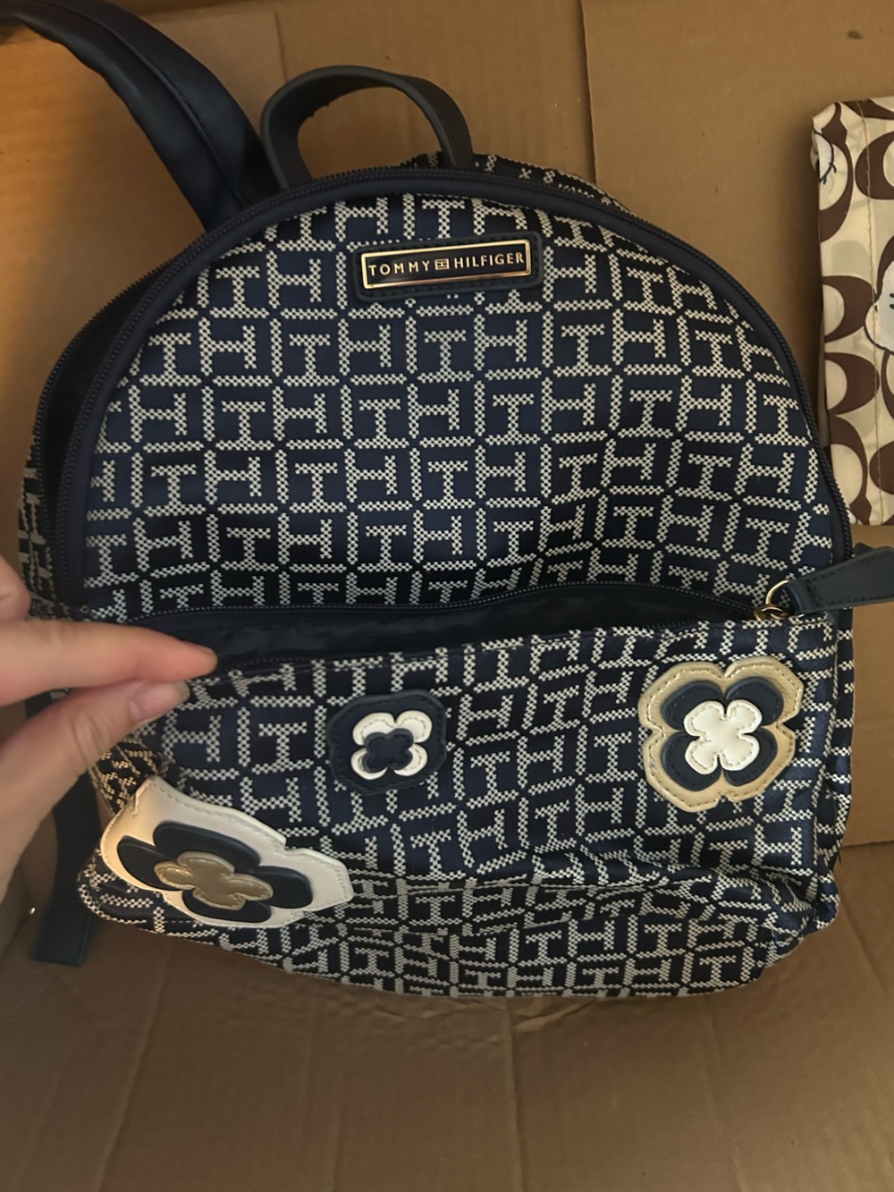 Tommy Hilfiger Navy and White Monogram Mini Backpack with Floral Appliqués